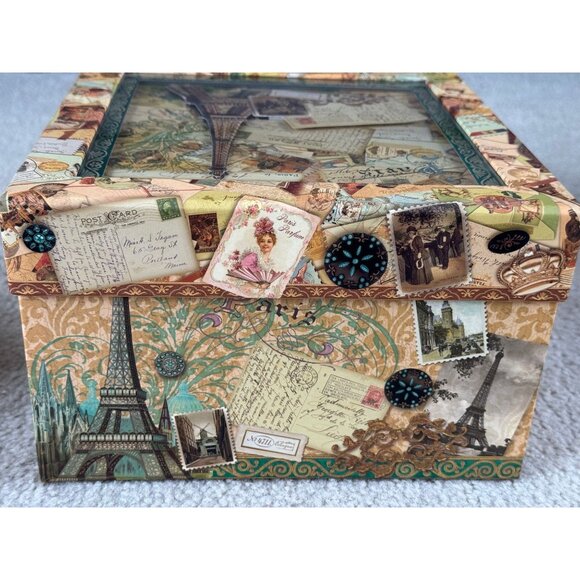Vintage Punch Studio Eiffel Tower Paris Keepsake Note Card Glass Top Box 9 1/2" - Picture 2 of 8